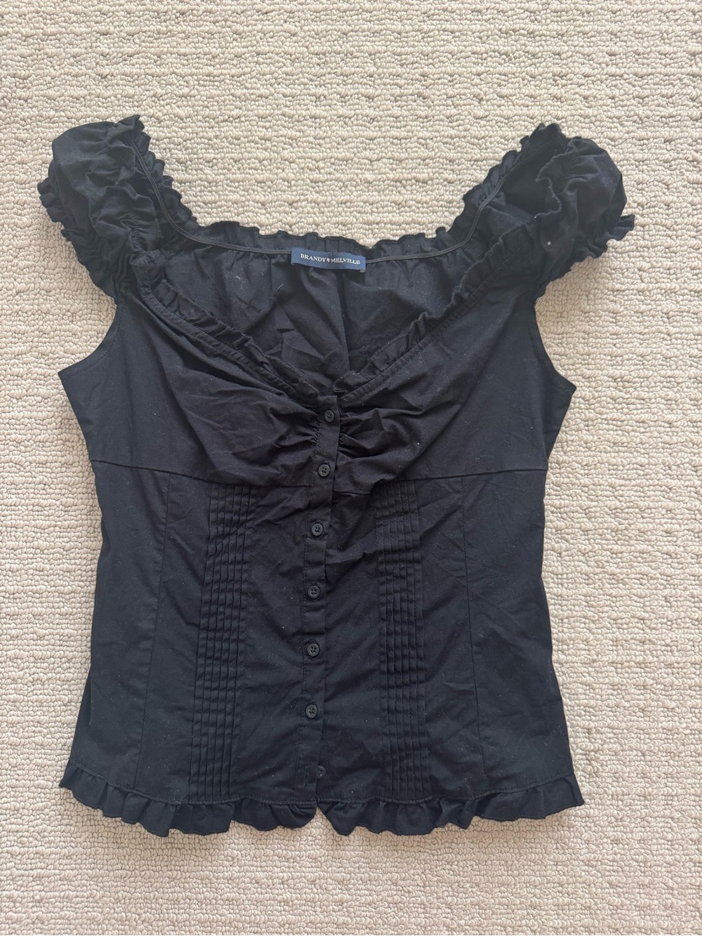 Brandy Melville Black Ruffle-Trim Button Down Top